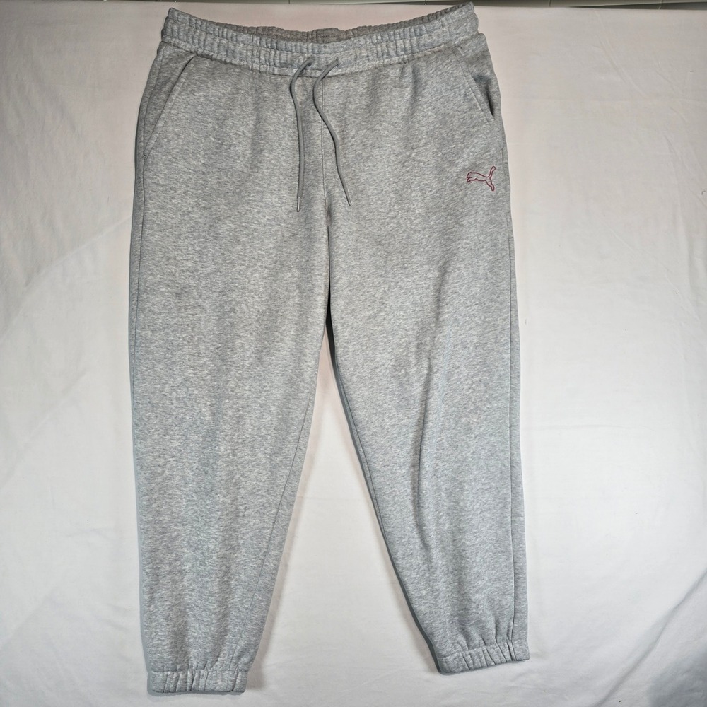 Puma Mens XL Essentials Sweatpants Gray Heather Fleece Joggers Pink Logo Pockets